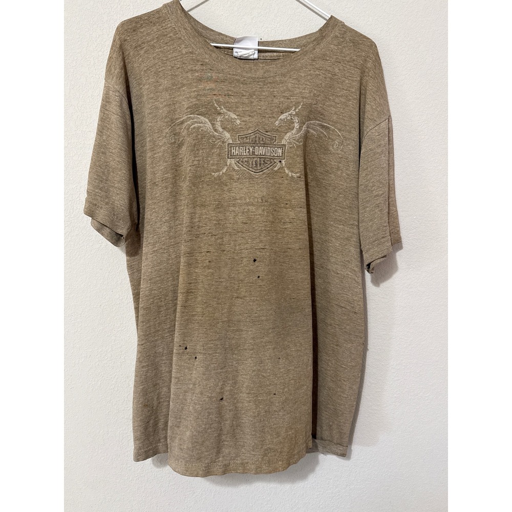 Harley Davidson T Shirt Mens Large Tan Thrashed Distressed Kauai Hawaii Graphic